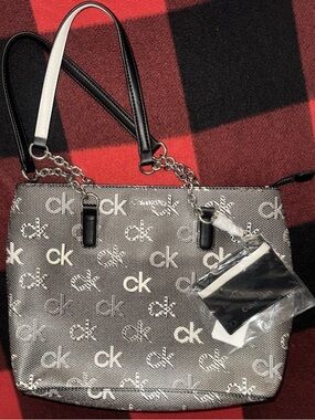 Calvin Klein Black and White CK Logo Chain-Handle Tote